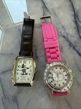 Pink Hello Kitty Style Watch + Leather Mickey Mouse Watch